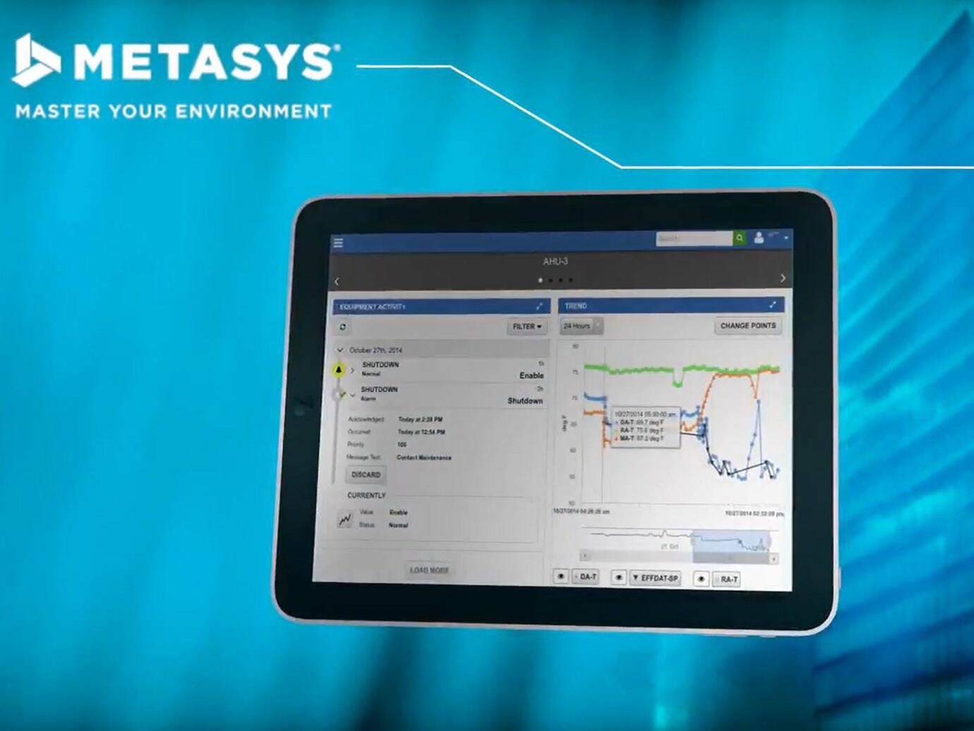 Metasys Building Automation system features on the tab