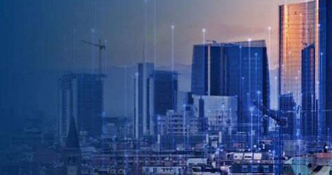 Aerial view of the city with skyscrapers overlaid with graphics of transmission nodes
