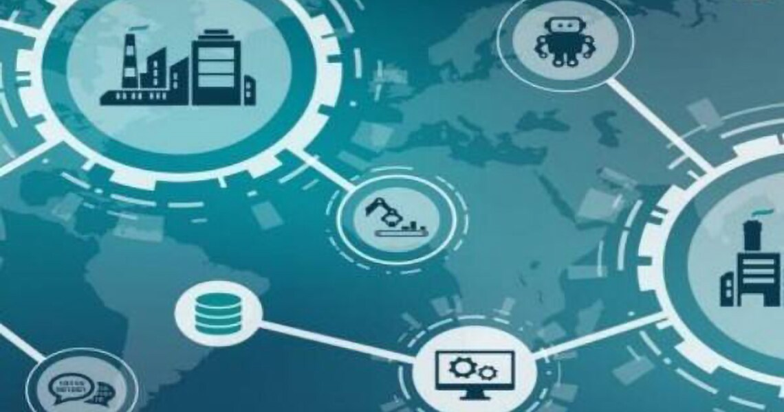 Blue business icons like industries, cloud software spread over a world map