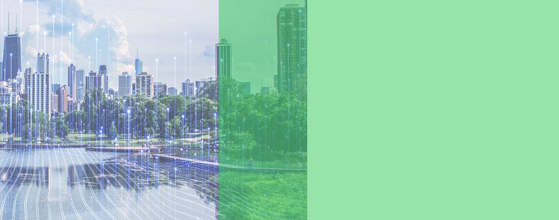 View of skyscrapers across the waterfront overlaid with graphics of transmission nodes