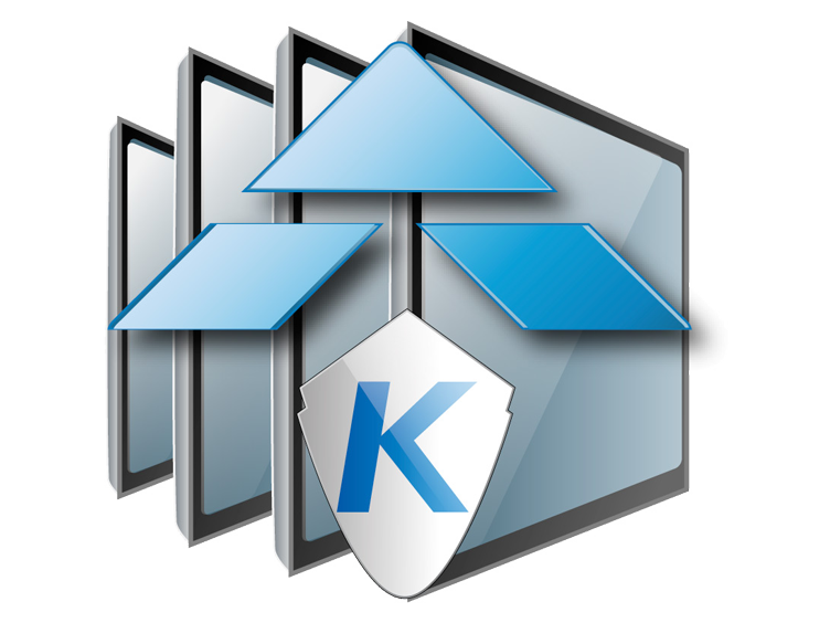 Kantech logo with the background of the monitors in blue