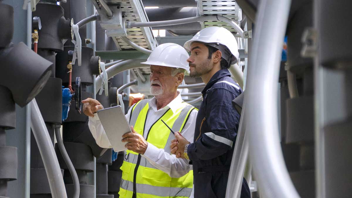 Contractors looking at a tablet