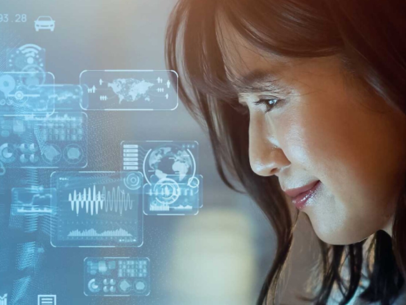 Close-up of a woman, overlaid with multiple graphics of software interfaces